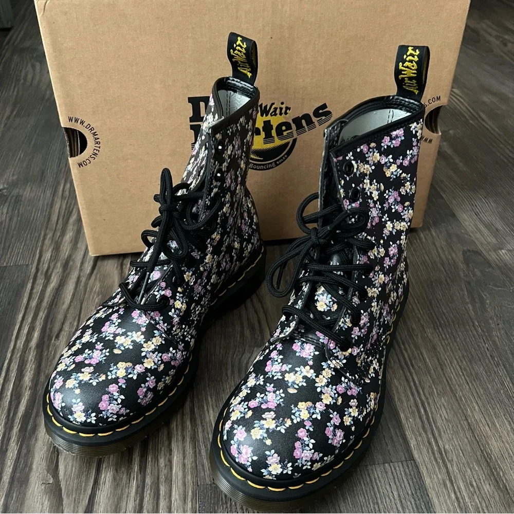 Dr. Martens Black Floral Air Wair Boots - Picture 1 of 15